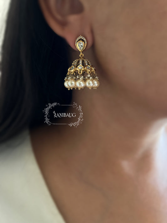 Numaish Polki Minimal Jhumki Antique Gold Earrings By Ranibaug