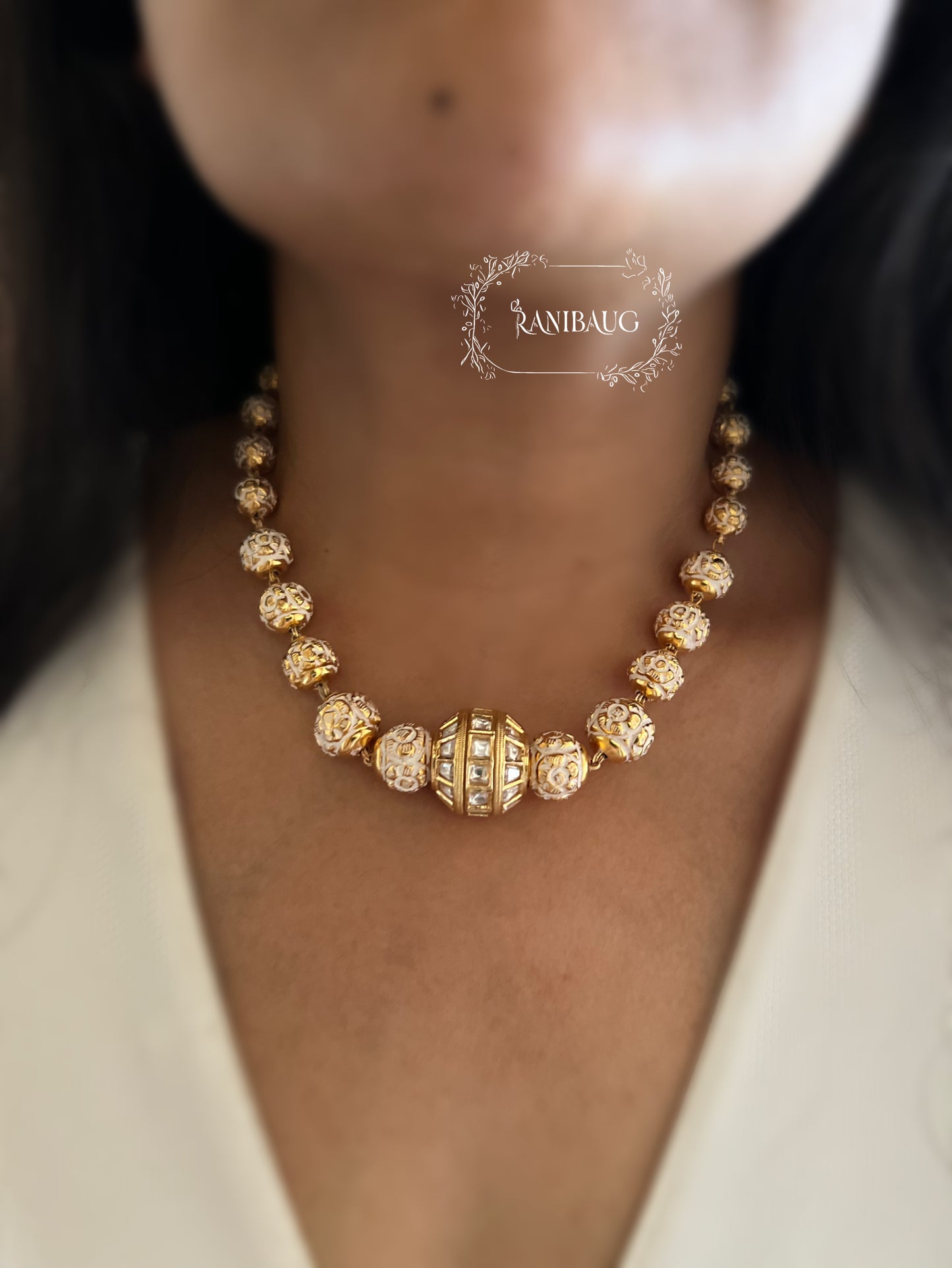 Numira Gold Plated Polki Studded Beaded Style Motifs Necklace Set By Ranibaug