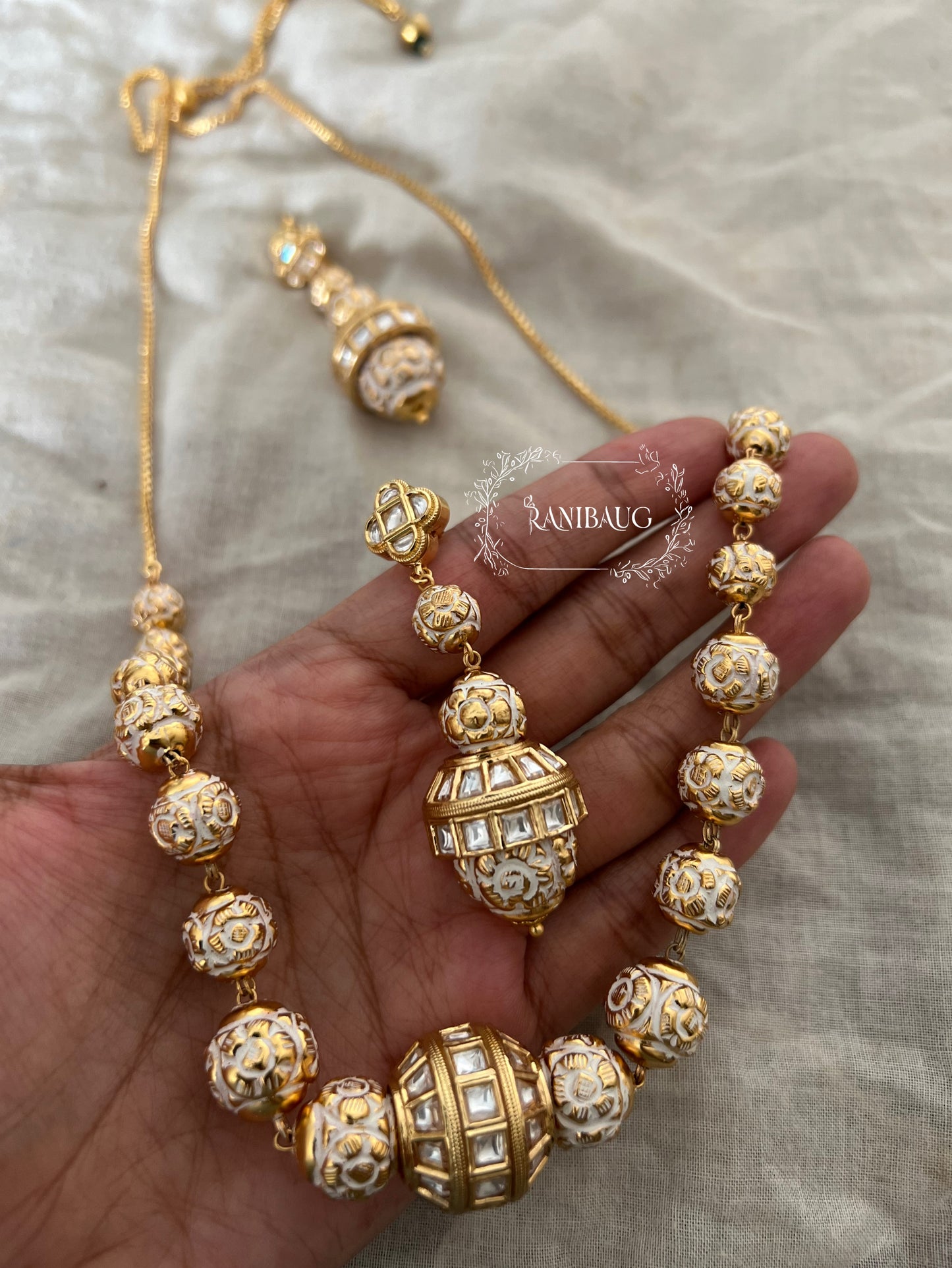Numira Gold Plated Polki Studded Beaded Style Motifs Necklace Set By Ranibaug