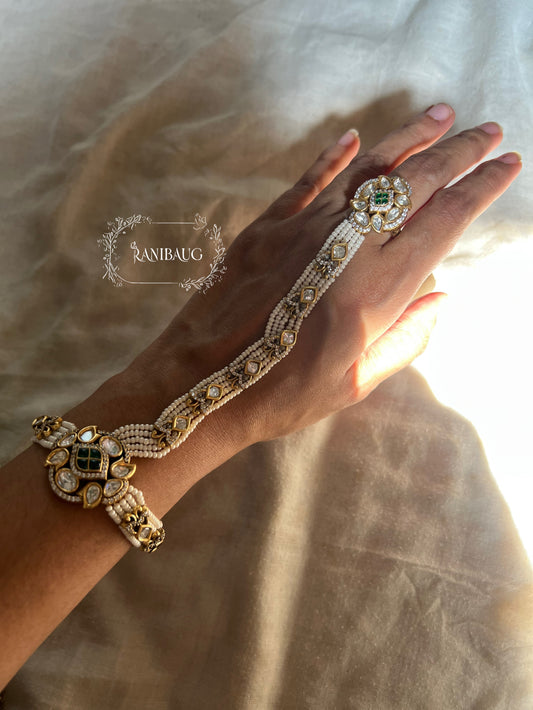 Nupur Pearl Strand Kundan Studded In Premium Gold Finish Haath Phool Festive Hand Jewellery By Ranibaug
