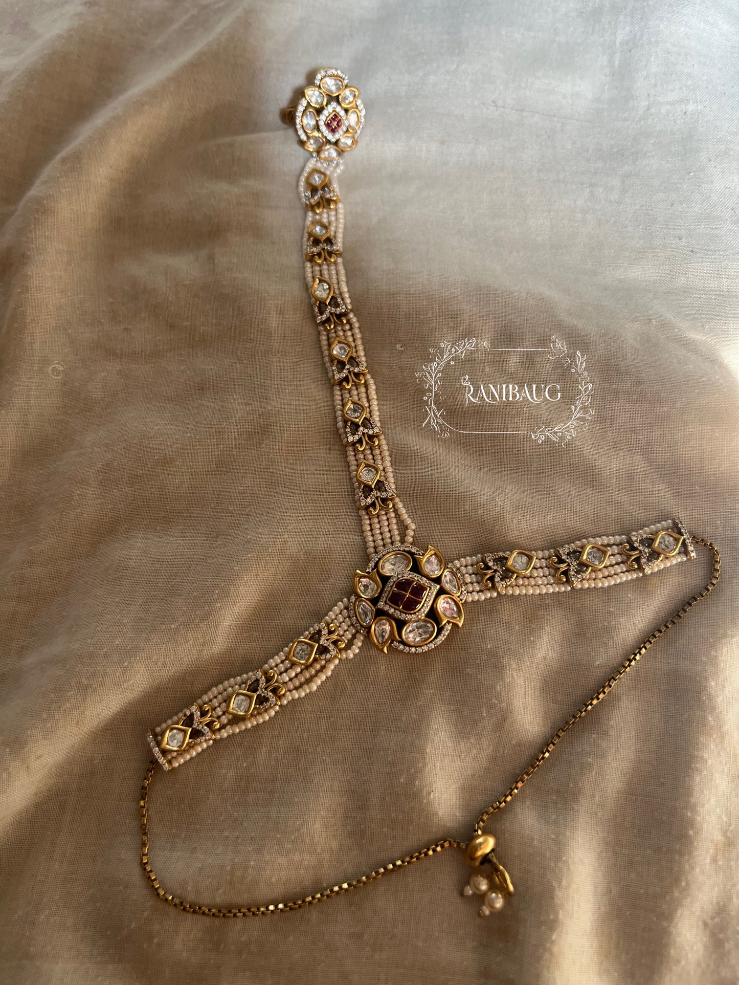 Nupur Pearl Strand Kundan Studded In Premium Gold Finish Haath Phool Festive Hand Jewellery By Ranibaug