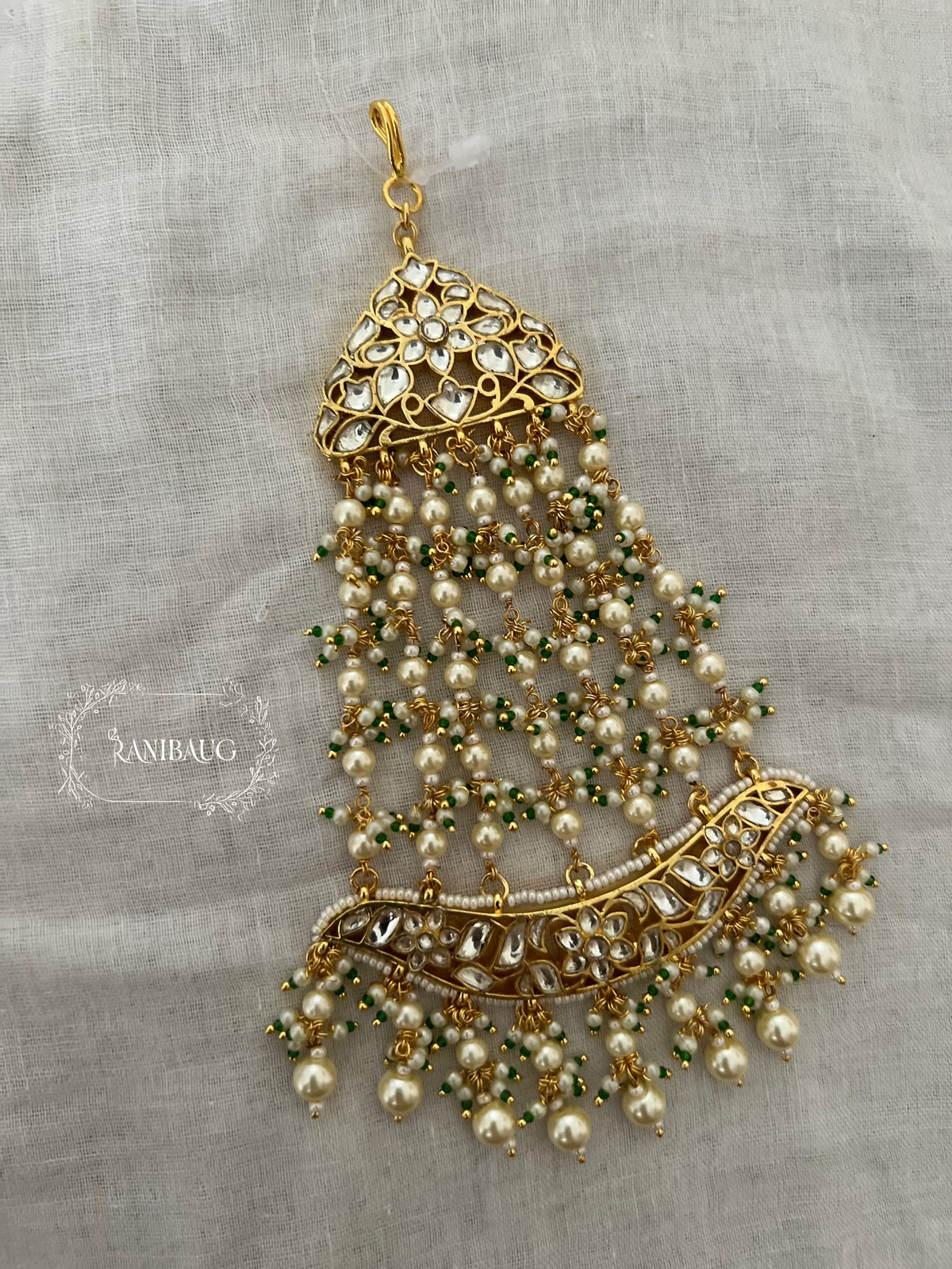Nusrat Kundan Pearl Gold Finish Classic Passa Hair Jewelry By Ranibaug