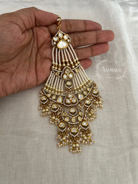 Nusrat Royal Pearl Adorned Rich Gold Finish Polki Kundan Studded Statement Passa Hair Jewellery By Ranibaug