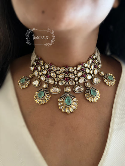 Nysa Vintage Floral Motif Mint And Ruby Accent Polki Studded Necklace Set In Matt Gold Finish By Ranibaug