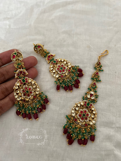 Ojhal Gold Finish Beaded Indian Traditional Earrings And Maang Tikka Jewellery By Ranibaug