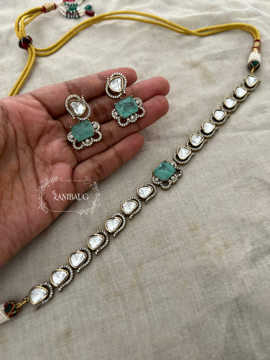 Onaya Vintage Victorian Style Polki Kundan Studded Color Gem Motif Single Line Necklace Choker Set By Ranibaug