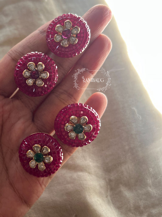 Padma Pink Beaded Polki Floral Motif Stud Earrings By Ranibaug