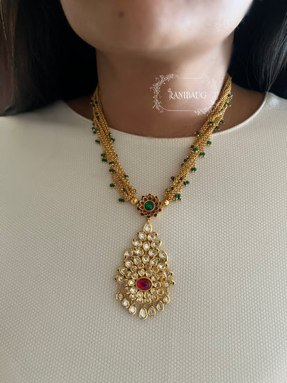 Padmashree Gold Temple Inspired Polki Kundan Necklace Jewelry Set In Emerald And Ruby Accents By Ranibaug