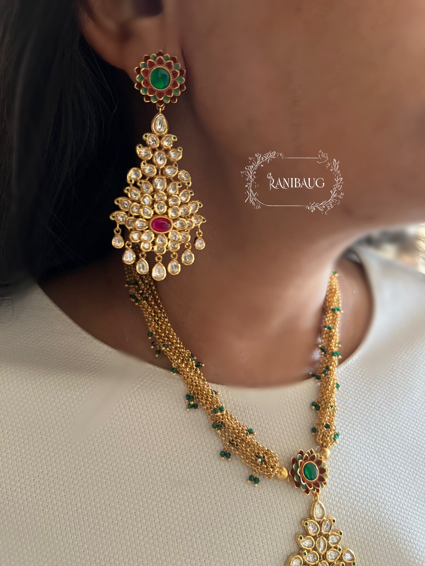 Padmashree Gold Temple Inspired Polki Kundan Necklace Jewelry Set In Emerald And Ruby Accents By Ranibaug