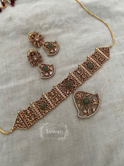 Padmavati Gold Plated Pendant Style Heritage Choker Set By Ranibaug | Trendy Temple Jewelry For Saree
