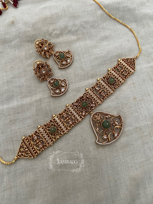 Padmavati Gold Plated Pendant Style Heritage Choker Set By Ranibaug | Trendy Temple Jewelry For Saree