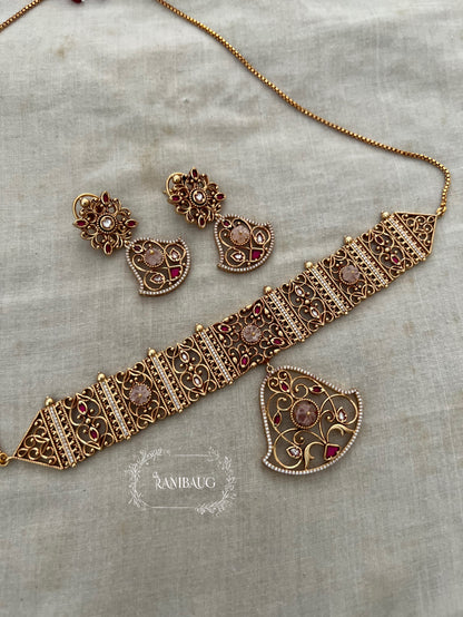 Padmavati Gold Plated Pendant Style Heritage Choker Set By Ranibaug | Trendy Temple Jewelry For Saree