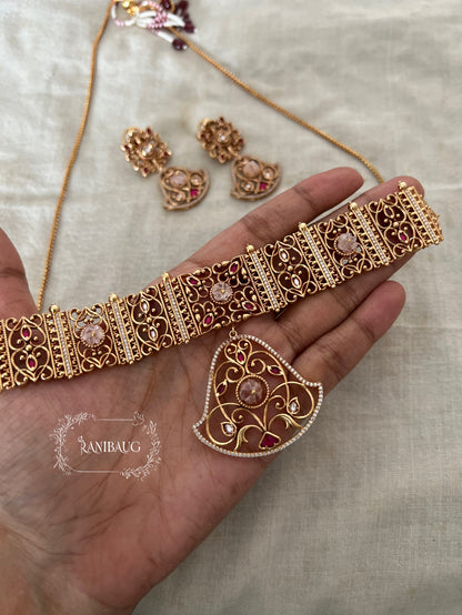 Padmavati Gold Plated Pendant Style Heritage Choker Set By Ranibaug | Trendy Temple Jewelry For Saree
