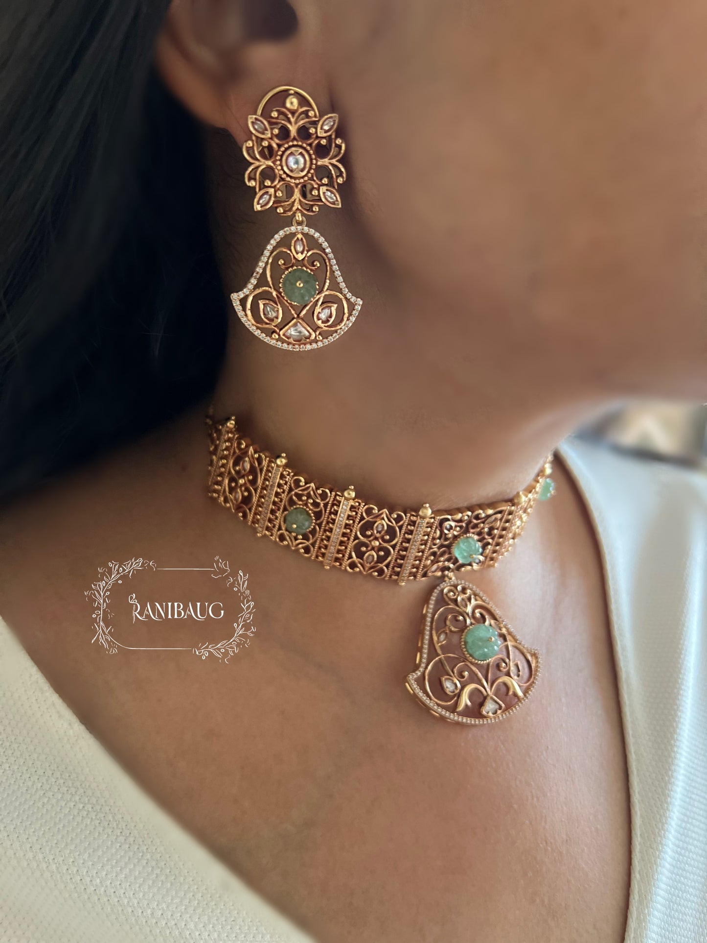 Padmavati Gold Plated Pendant Style Heritage Choker Set By Ranibaug | Trendy Temple Jewelry For Saree