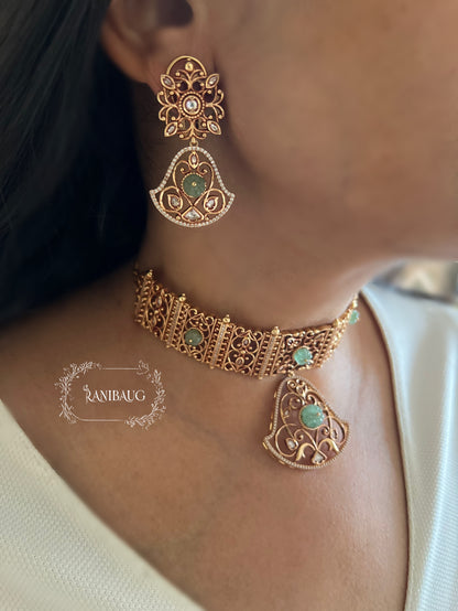 Padmavati Gold Plated Pendant Style Heritage Choker Set By Ranibaug | Trendy Temple Jewelry For Saree
