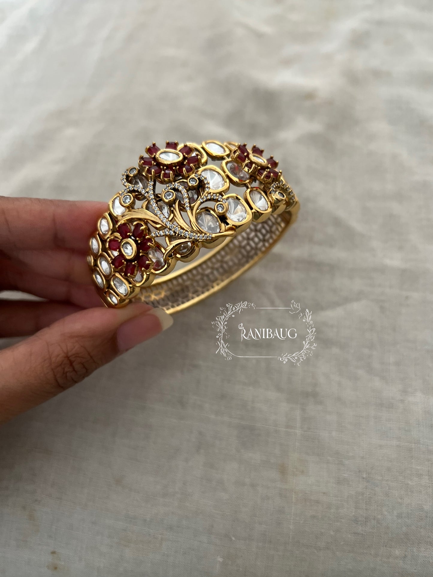 Padmavati Royal Indian Court Floral Designer Statement Polki Studded Gold Finish Bracelet By Ranibaug