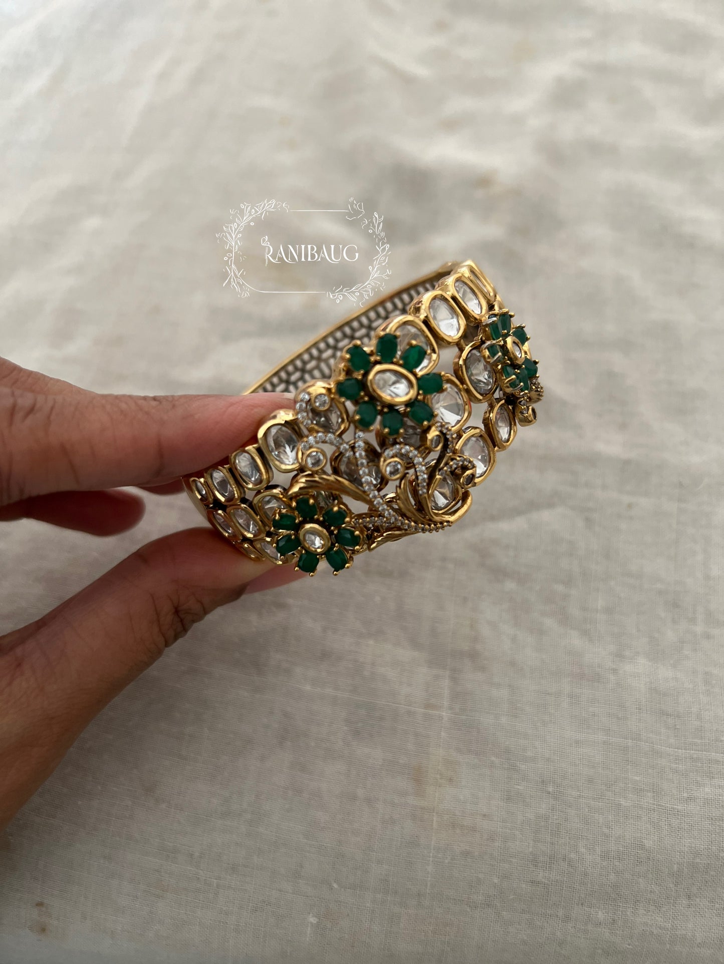 Padmavati Royal Indian Court Floral Designer Statement Polki Studded Gold Finish Bracelet By Ranibaug
