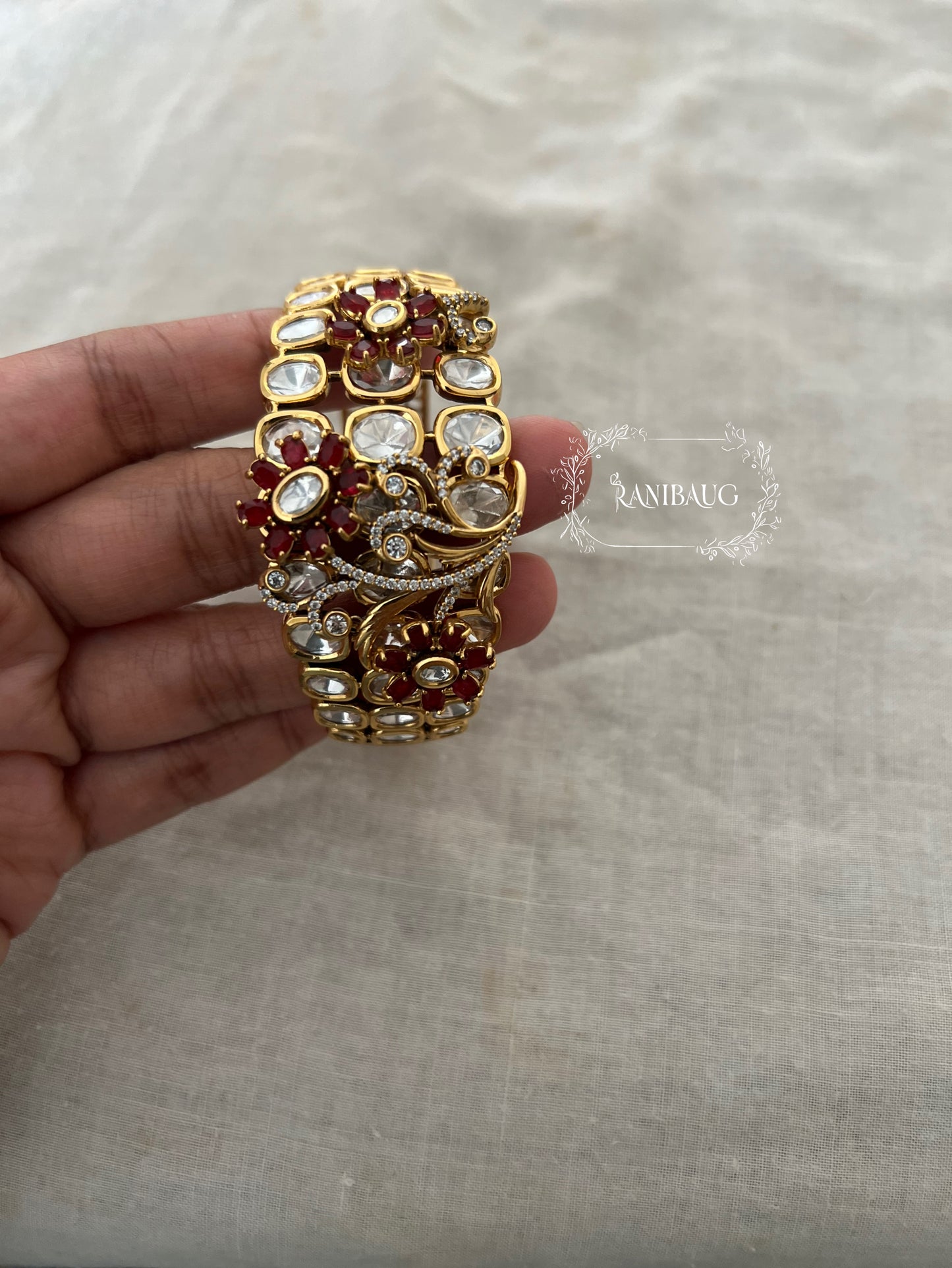 Padmavati Royal Indian Court Floral Designer Statement Polki Studded Gold Finish Bracelet By Ranibaug