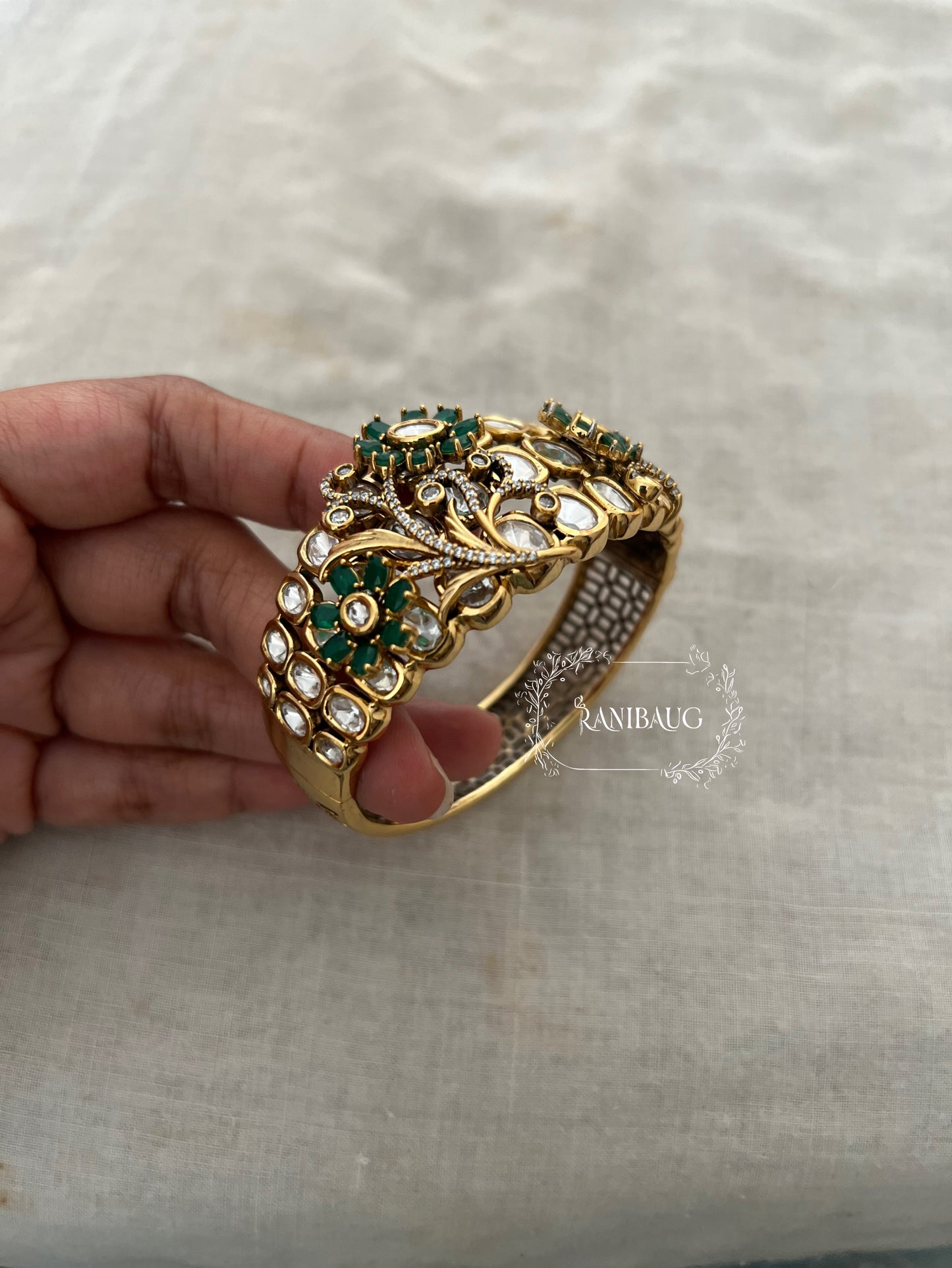 Padmavati Royal Indian Court Floral Designer Statement Polki Studded Gold Finish Bracelet By Ranibaug