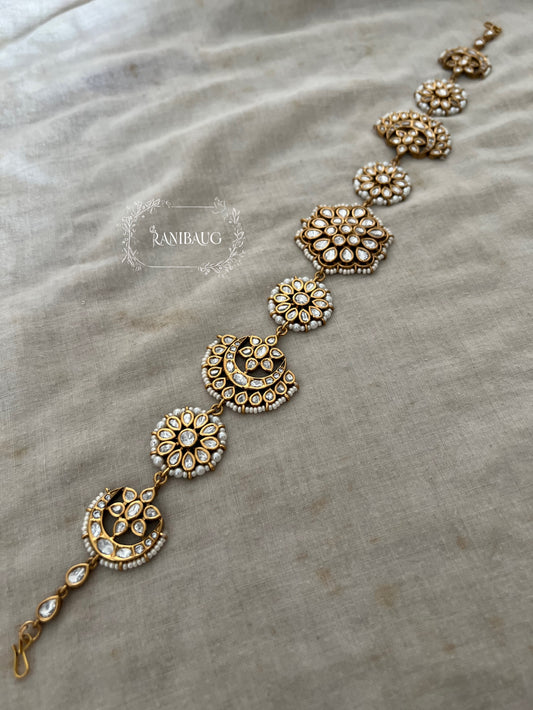 Padmika Antique Gold Tone Floral Design Kundan Studded Sheeshpatti Adorned With Tiny Pearls By Ranibaug