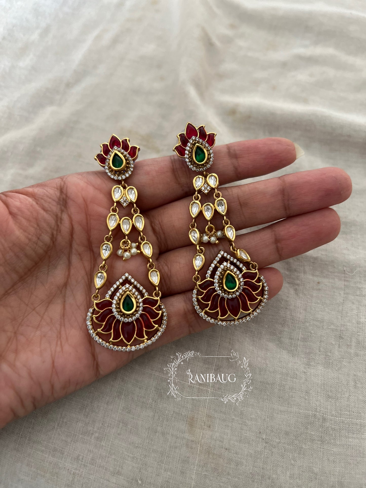 Padmika Indian Floral Lotus Motif Polki Gold Finish Dangler Chandbali Earrings By Ranibaug
