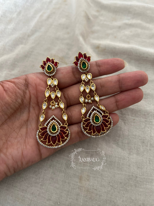 Padmika Indian Floral Lotus Motif Polki Gold Finish Dangler Chandbali Earrings By Ranibaug