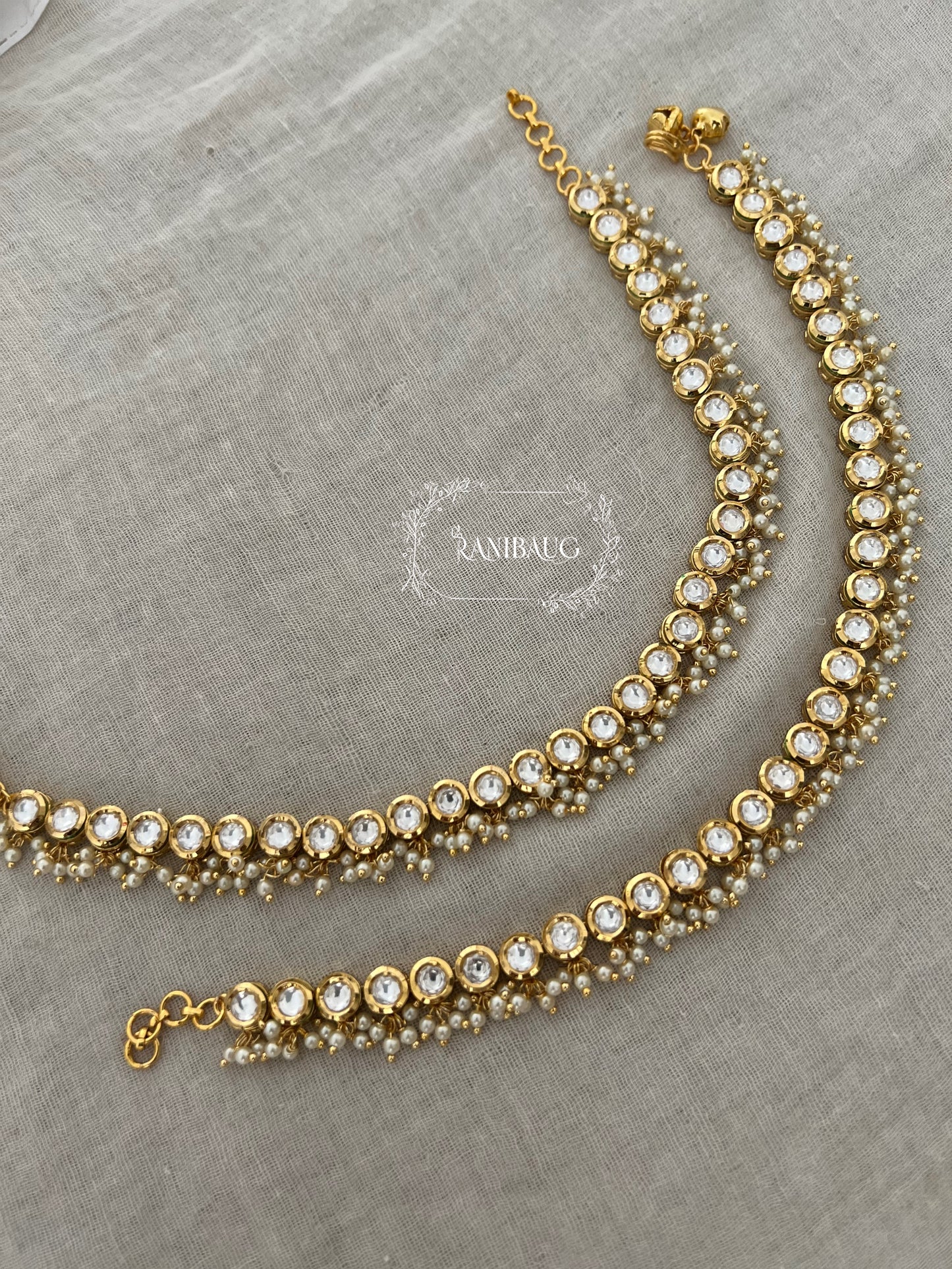 Padmini Premium Gold Finish Ghungroo And Kundan Studded With Mini Pearl Fringe Designer Ankle Bracelet By Ranibaug