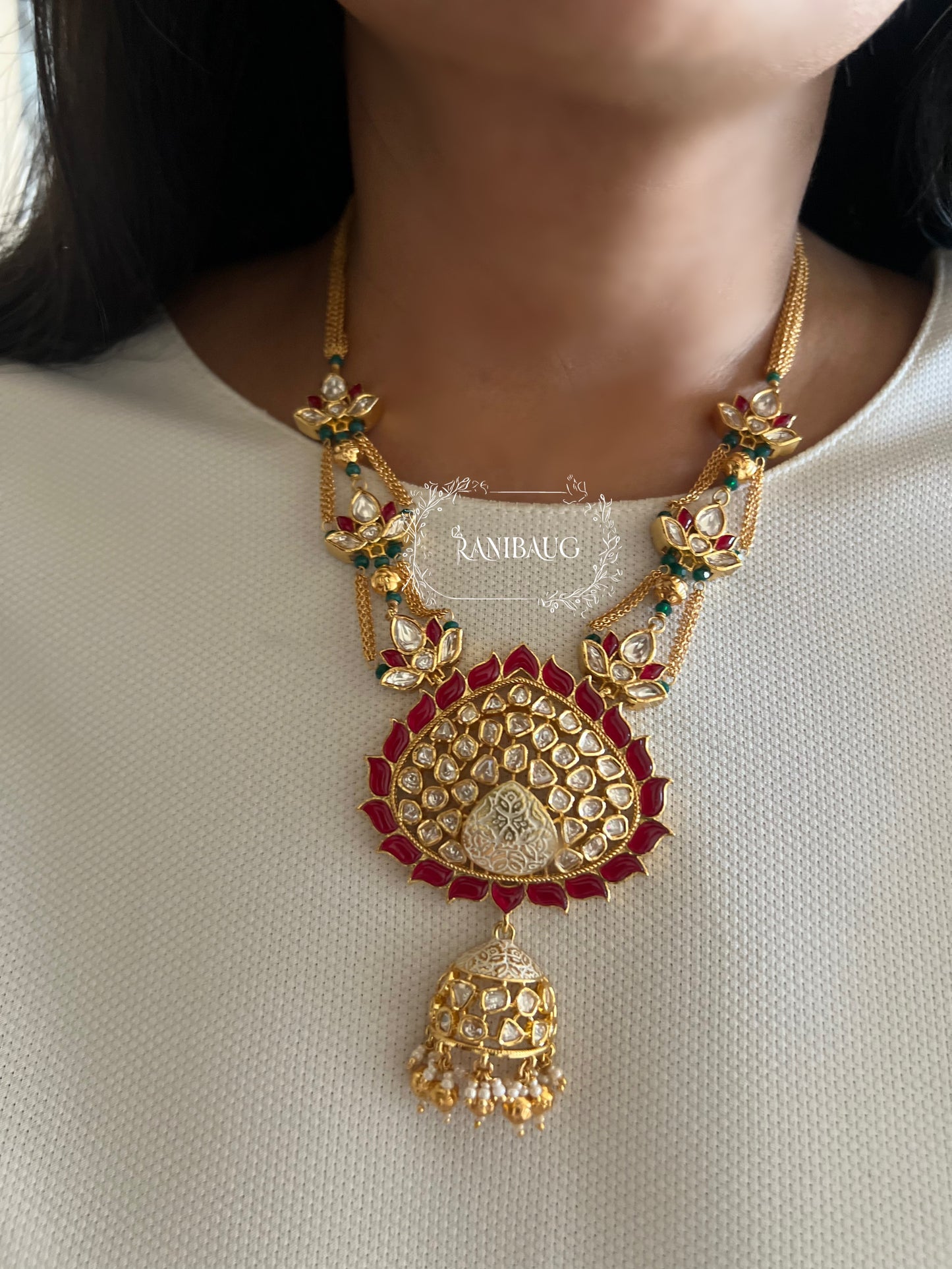 Padmini Rich Gold Finish Royal Indian Traditional Style Polki Kundan Studded Necklace Jewellery Set By Ranibaug