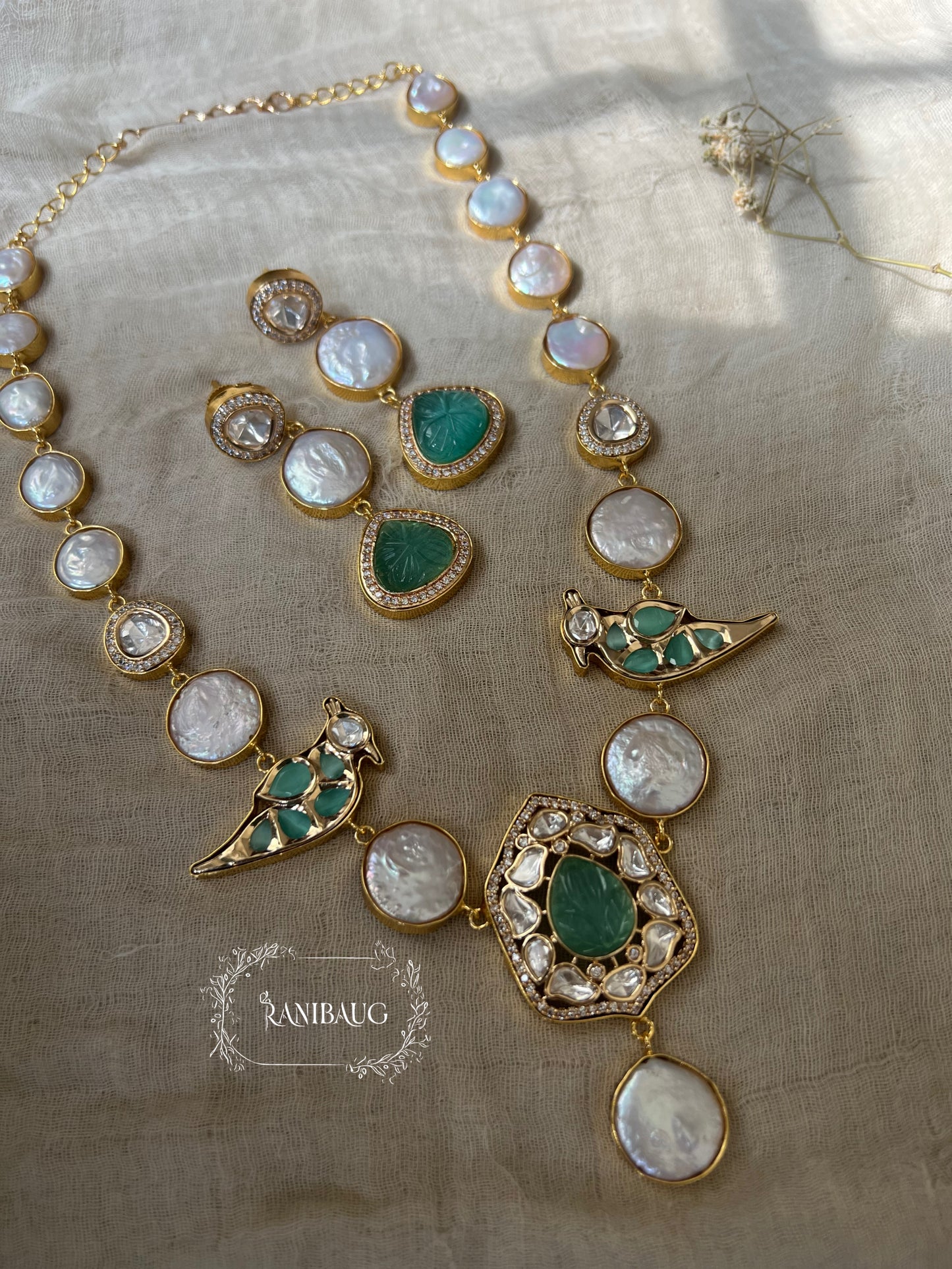 Palakshi Bird Motif Drop Style Gold Finish Polki Necklace Set Studded With Real Freshwater Baroque Pearls For The Real You By Ranibaug | Semi Precious Jewellery Set Collection 2026
