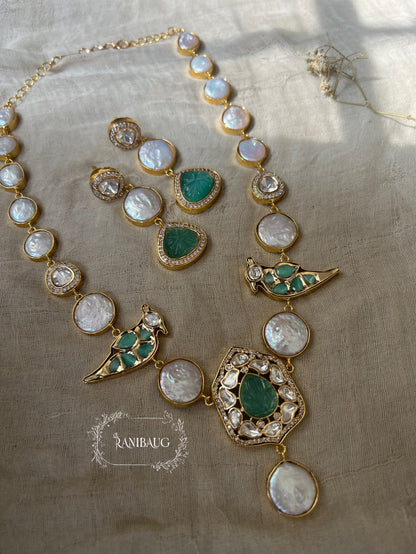 Palakshi Bird Motif Drop Style Gold Finish Polki Necklace Set Studded With Real Freshwater Baroque Pearls For The Real You By Ranibaug | Semi Precious Jewellery Set Collection 2026