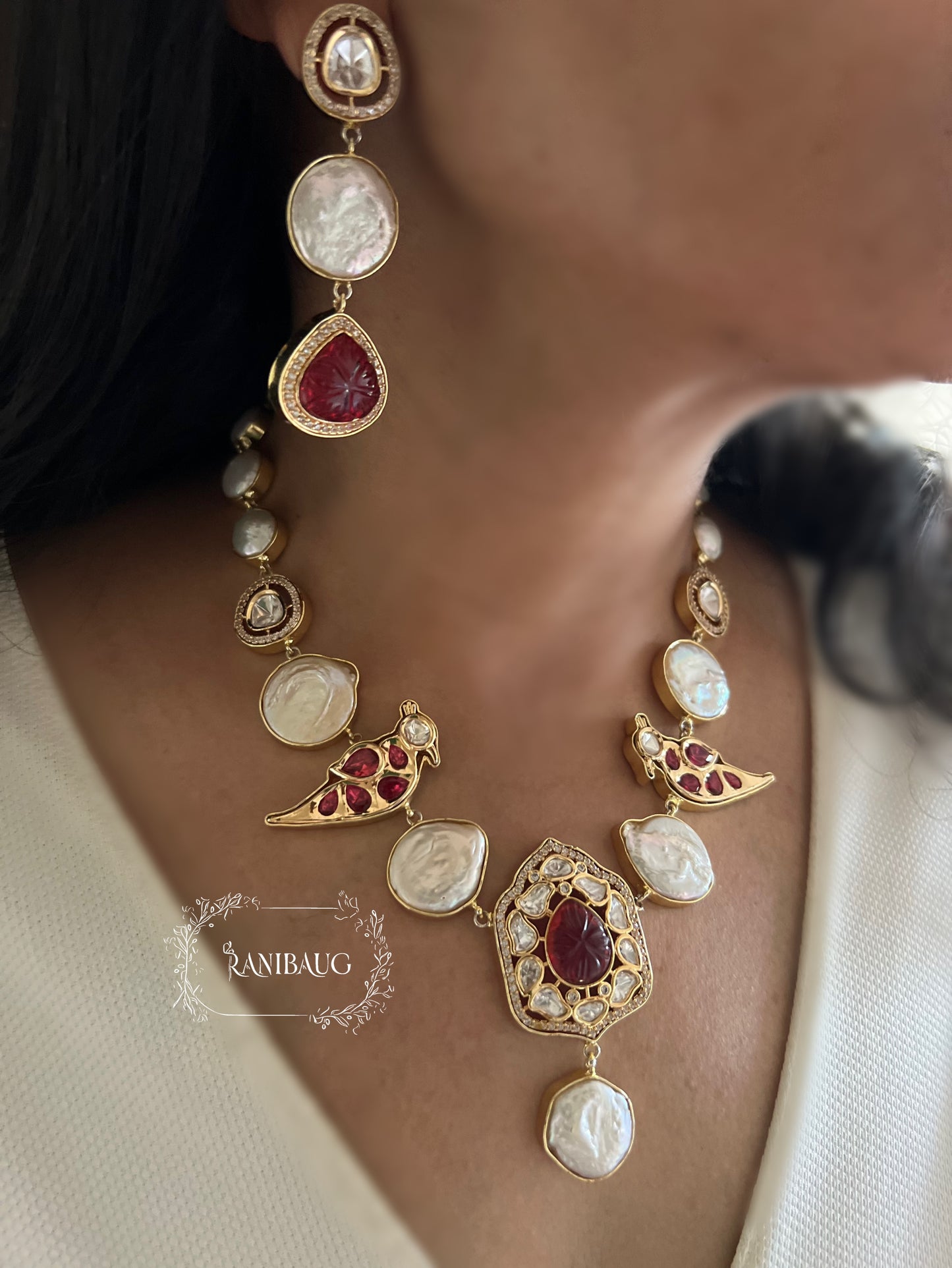 Palakshi Bird Motif Drop Style Gold Finish Polki Necklace Set Studded With Real Freshwater Baroque Pearls For The Real You By Ranibaug | Semi Precious Jewellery Set Collection 2026