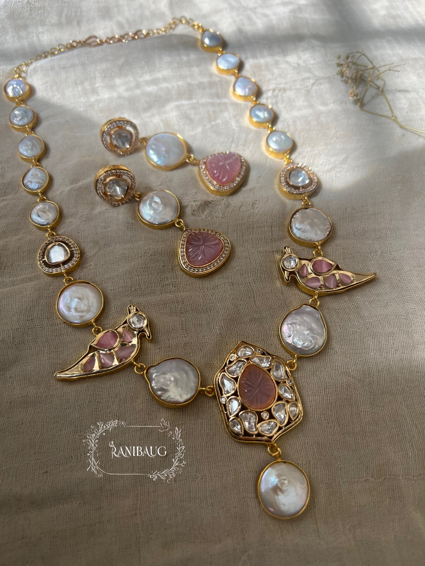 Palakshi Bird Motif Drop Style Gold Finish Polki Necklace Set Studded With Real Freshwater Baroque Pearls For The Real You By Ranibaug | Semi Precious Jewellery Set Collection 2026