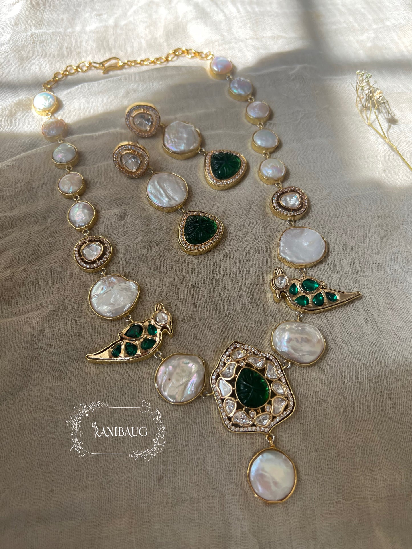 Palakshi Bird Motif Drop Style Gold Finish Polki Necklace Set Studded With Real Freshwater Baroque Pearls For The Real You By Ranibaug | Semi Precious Jewellery Set Collection 2026