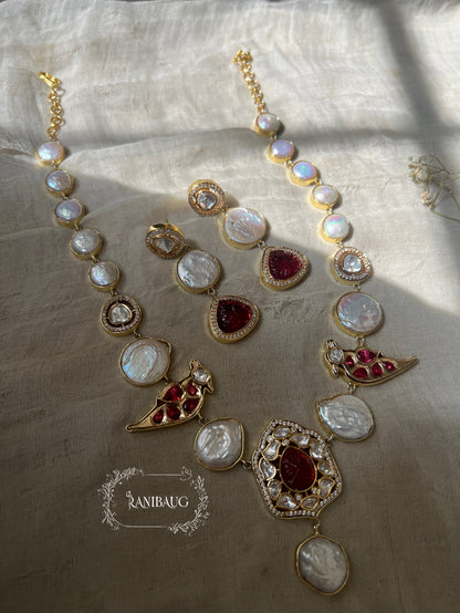 Palakshi Bird Motif Drop Style Gold Finish Polki Necklace Set Studded With Real Freshwater Baroque Pearls For The Real You By Ranibaug | Semi Precious Jewellery Set Collection 2026