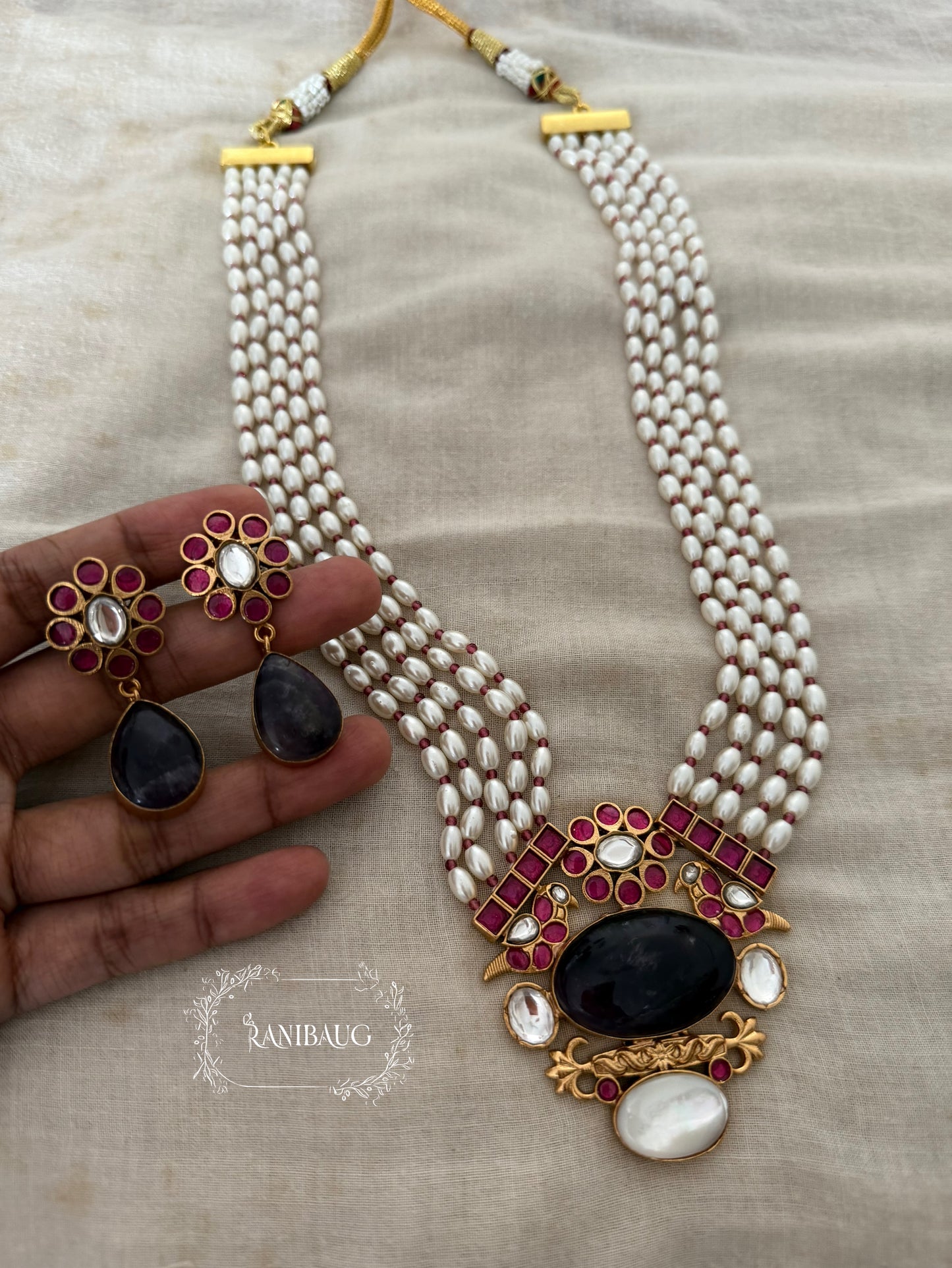 Pallavi Moti Rang Antique Gold Plated Kundan Gemstone Long Necklace By Ranibaug