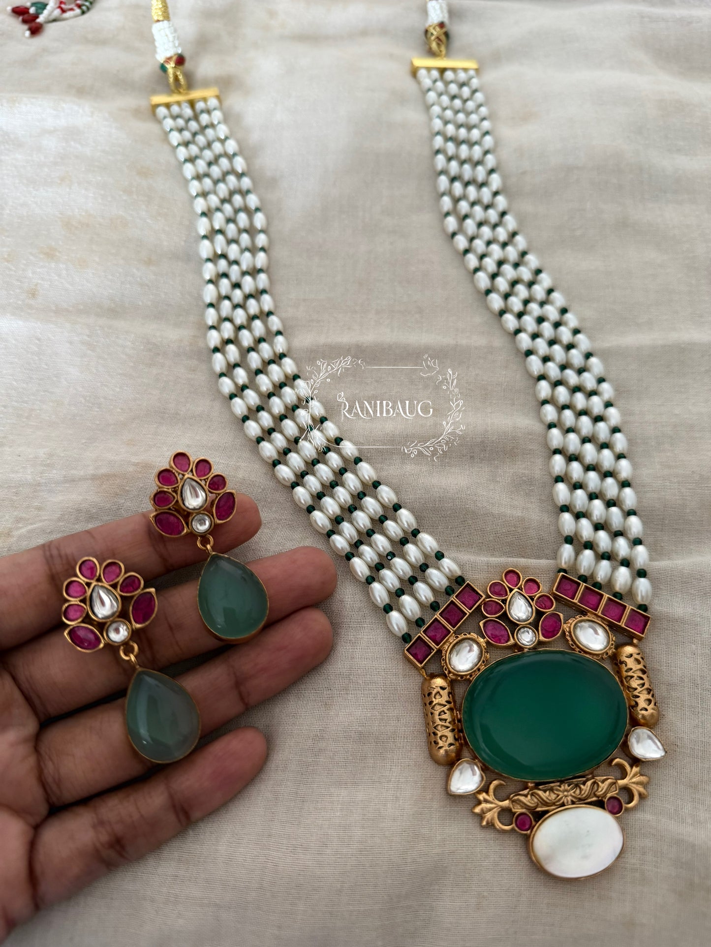 Pallavi Moti Rang Antique Gold Plated Kundan Gemstone Long Necklace By Ranibaug