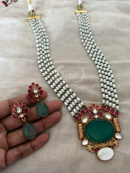 Pallavi Moti Rang Antique Gold Plated Kundan Gemstone Long Necklace By Ranibaug