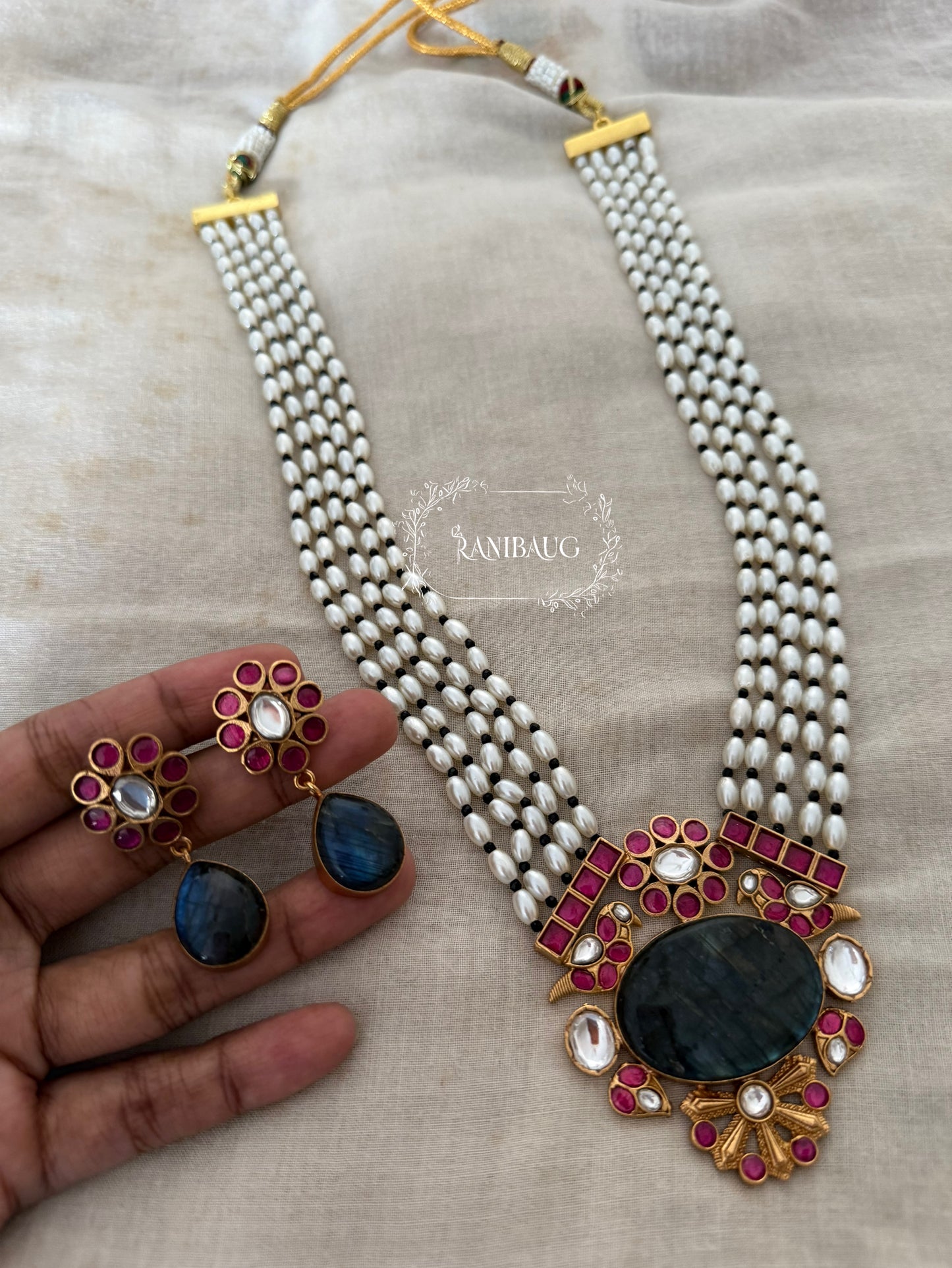 Pallavi Moti Rang Antique Gold Plated Kundan Gemstone Long Necklace By Ranibaug