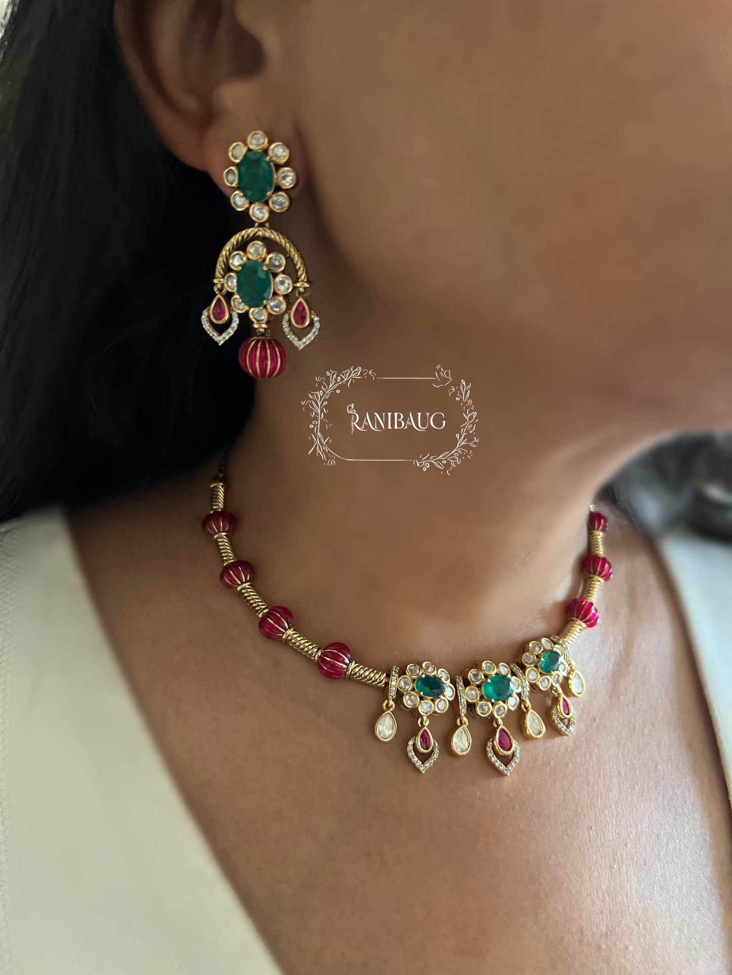 Pallavi Polki Kundan Floral Motif Beaded Trendy Festive Necklace Jewelry Set By Ranibaug