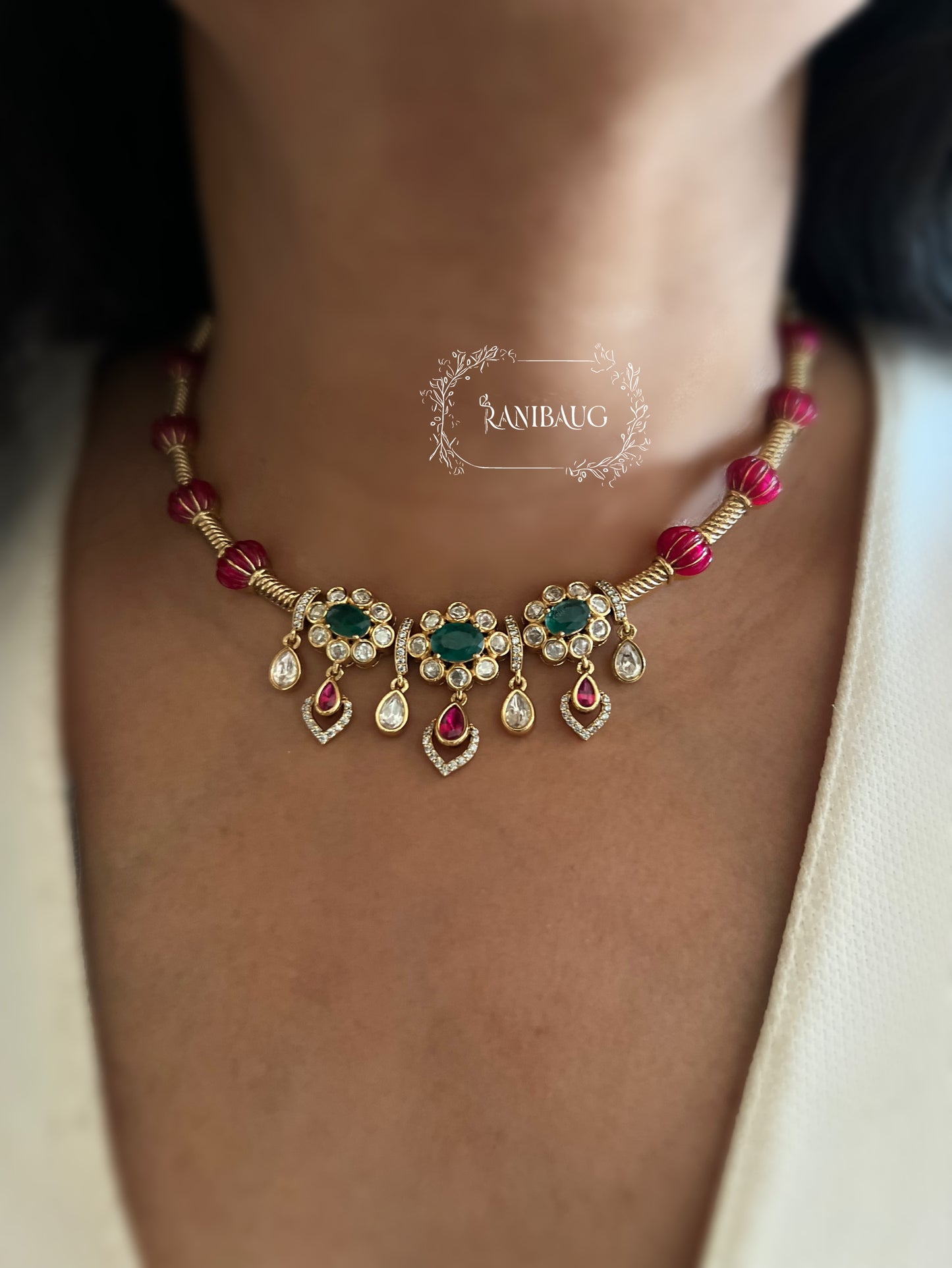 Pallavi Polki Kundan Floral Motif Beaded Trendy Festive Necklace Jewelry Set By Ranibaug