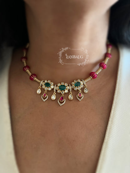 Pallavi Polki Kundan Floral Motif Beaded Trendy Festive Necklace Jewelry Set By Ranibaug