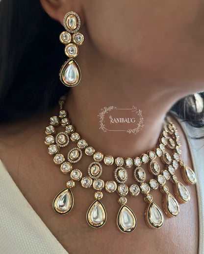 Pari Lavish Mossainite Statement Jewellery Set In Premium Gold Finish By Ranibaug | Trendy Wedding Jewellery Set