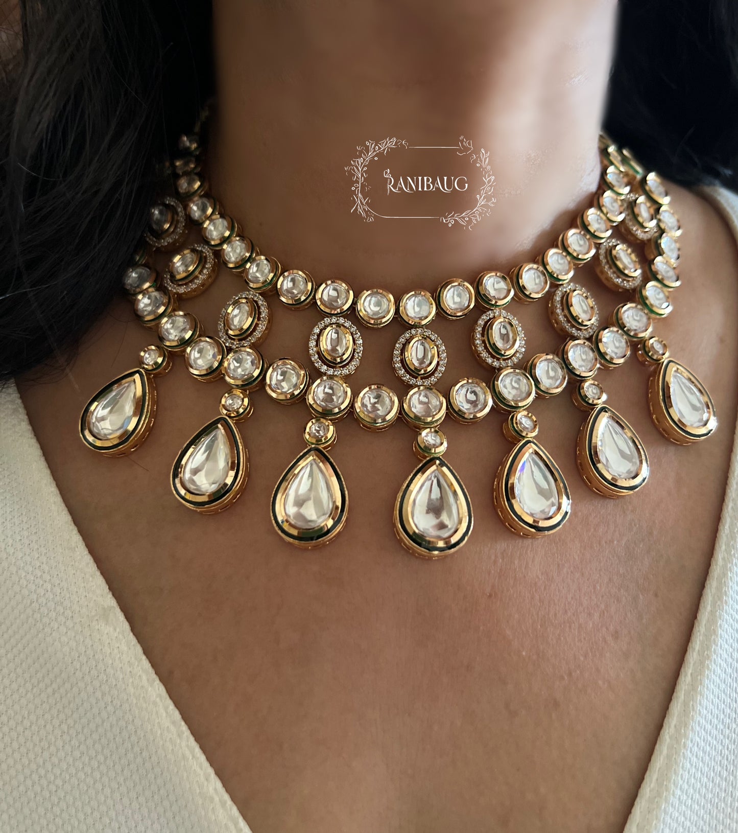 Pari Lavish Mossainite Statement Jewellery Set In Premium Gold Finish By Ranibaug | Trendy Wedding Jewellery Set