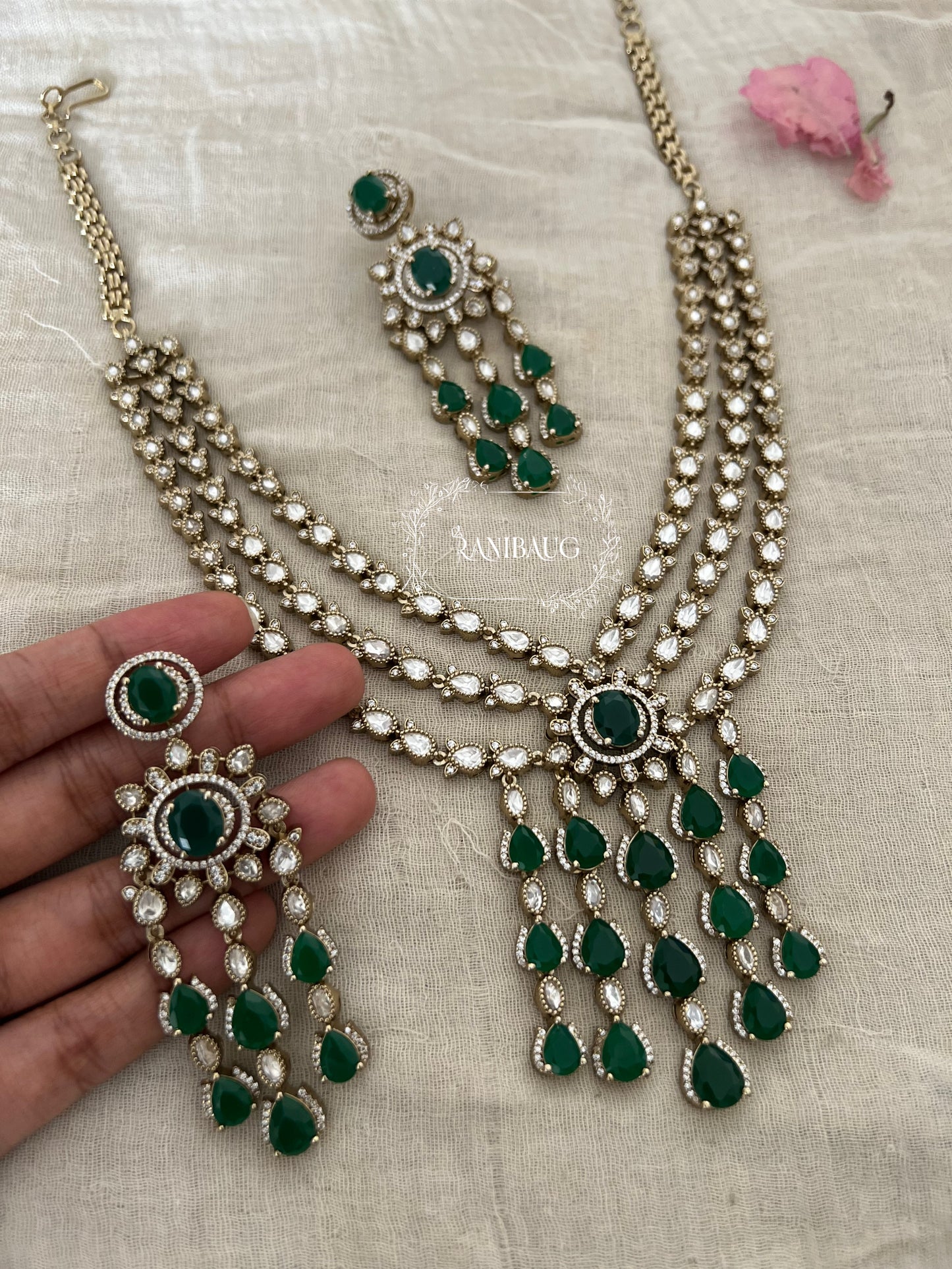 Paridhi Fall Drops Lauered Mossainite Kundan Gemstones Victorian Necklace Jewellery Set By Ranibaug