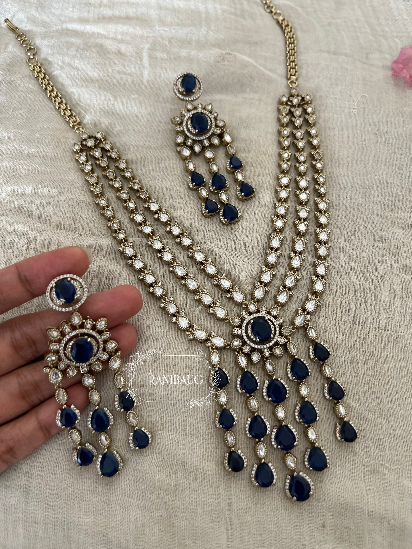 Paridhi Fall Drops Lauered Mossainite Kundan Gemstones Victorian Necklace Jewellery Set By Ranibaug