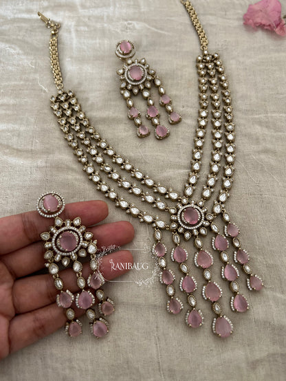 Paridhi Fall Drops Lauered Mossainite Kundan Gemstones Victorian Necklace Jewellery Set By Ranibaug