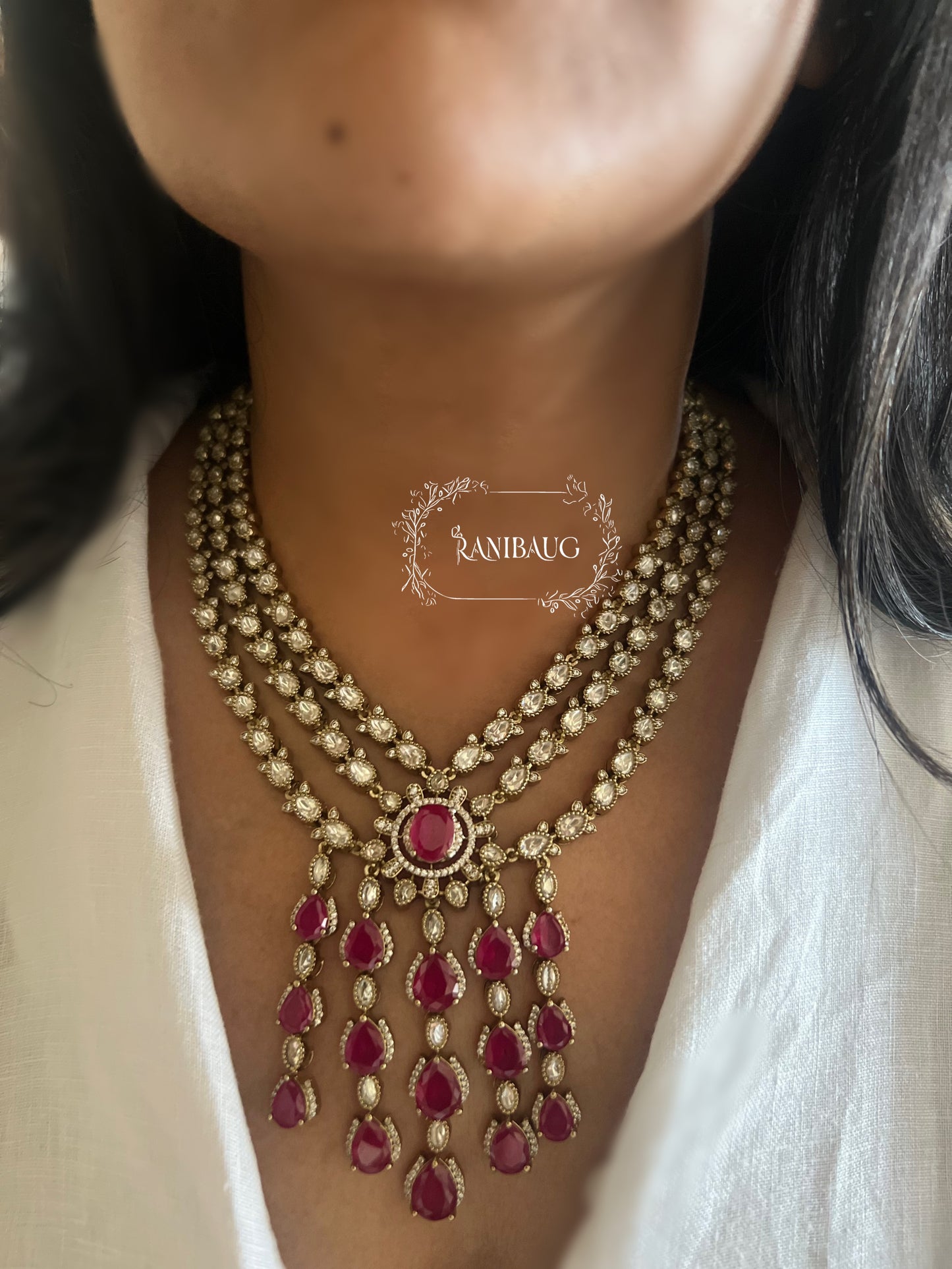 Paridhi Fall Drops Lauered Mossainite Kundan Gemstones Victorian Necklace Jewellery Set By Ranibaug