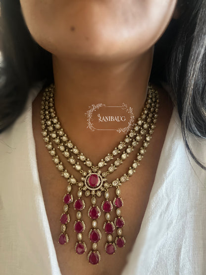 Paridhi Fall Drops Lauered Mossainite Kundan Gemstones Victorian Necklace Jewellery Set By Ranibaug