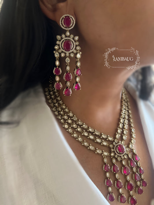 Paridhi Fall Drops Lauered Mossainite Kundan Gemstones Victorian Necklace Jewellery Set By Ranibaug