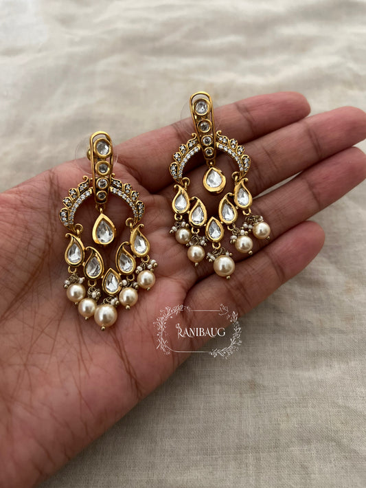 Parineeti Teardrop Mossainite Pearl Adorned Gold Finish Premium Designer Festive Earrings By Ranibaug